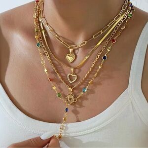 Gold Multi-Layer Heart Sun Pendant Necklace with Multicolor Crystal 4 Pieces Set